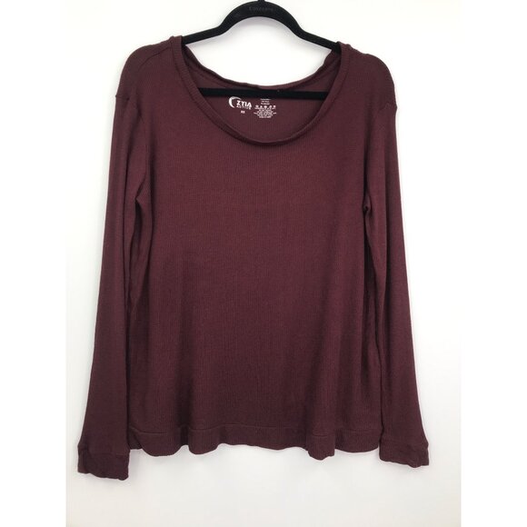 ZYIA Active Maroon Deep Red Waffle Knit Rayon Long Sleeve Wide Neck Shirt XS - Picture 1 of 6